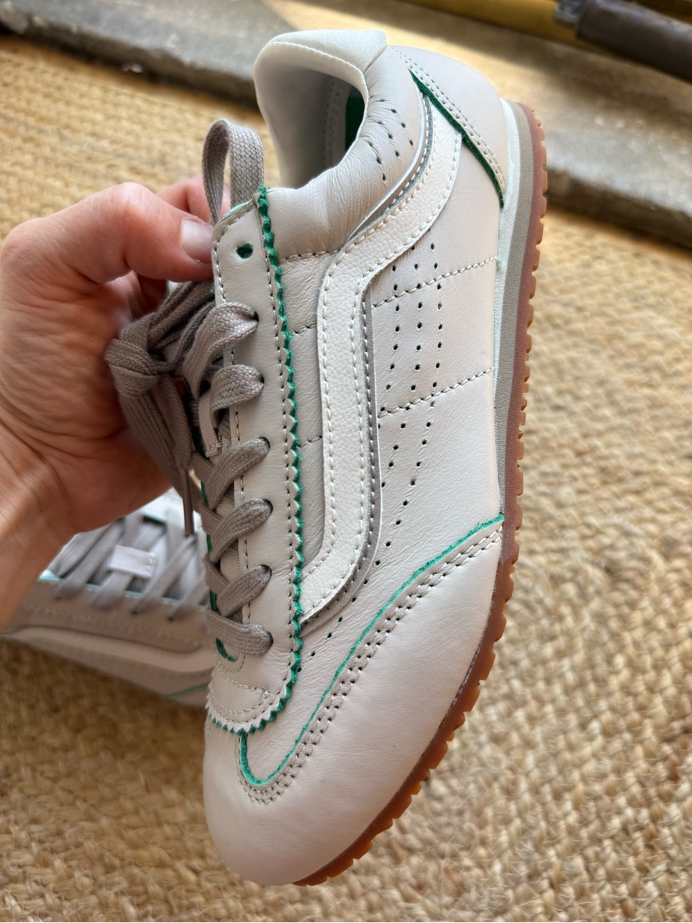 Vans Stone Leather Sneakers with Green Trim and Gum Sole